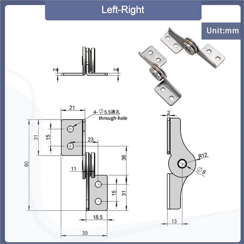 Stainless steel through-hole locate blade torque hinge, left-right, 1 piece, front and side views
