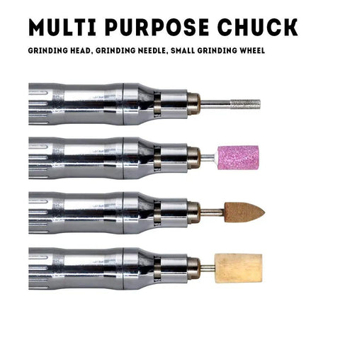 Professional Grade Air Powered Micro Die Grinder Small Size Pencil Shaft Pneumatic Rotary Cutter Tool with multi-purpose chuck attachments.