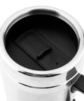 Close-up of the lid of the Road Trip Ready 12V Car Electric Kettle with a push button, showcasing stainless steel design.