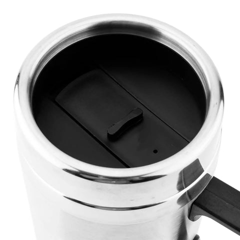 Close-up of the lid of the Road Trip Ready 12V Car Electric Kettle with a push button, showcasing stainless steel design.