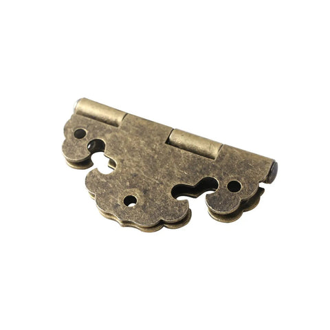 Vintage Round Flower Hinge Kit For Jewelry Boxes And Small Cabinets Rock Solid Zinc Alloy Build Top Shelf Antiqued Finish showing detailed hinge design.