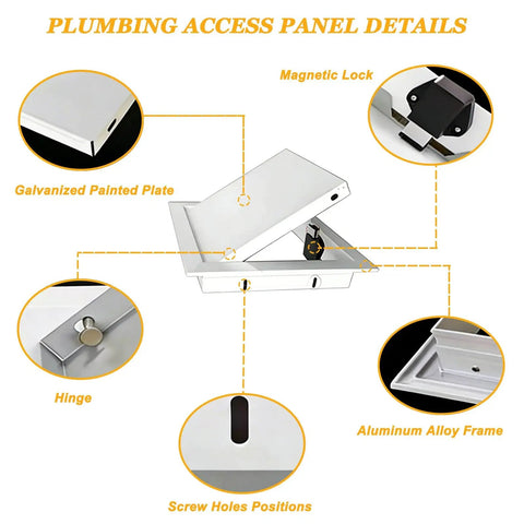 Hella Sturdy Aluminum Drywall Access Panel 16x30 Magnetic Push To Open Inspection Hatch details showing hinges and lock features.