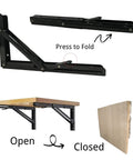 Rock Solid 8 Inch Folding Shelf Brackets With Hardcore Load Rating For Diy Space Saving Wall Mount Shelves Max Weight 410 Lb Pack Of Two displayed in open and closed positions.