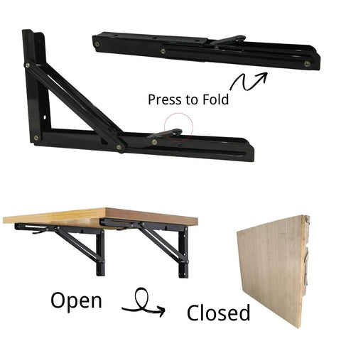 Rock Solid 8 Inch Folding Shelf Brackets With Hardcore Load Rating For Diy Space Saving Wall Mount Shelves Max Weight 410 Lb Pack Of Two displayed in open and closed positions.