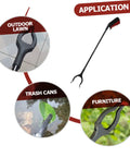 Extendable Garbage Grabber Stick With Smooth Clamp For Indoor Outdoor Cleanup Litter Picker Tool Reach Trash Cigarette Butts Bottles And Yard Debris With Easy One Hand Operation Versatile Reaching Tool showing applications on lawn, trash cans, and furniture