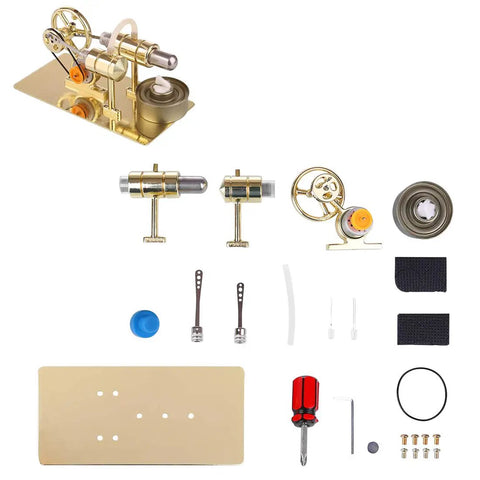 Stirling Engine Kit DIY Assembly Hands On Generator Model For Physical Experiments Premium Metal Build With Golden Finish Easy To Assemble Educational Toy For Makers And Students, parts laid out