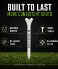 Dont Suck Golf Tees Pack Of 50 With Durable Four Prong Design And PureFlight Tech for straighter longer drives displayed with features.