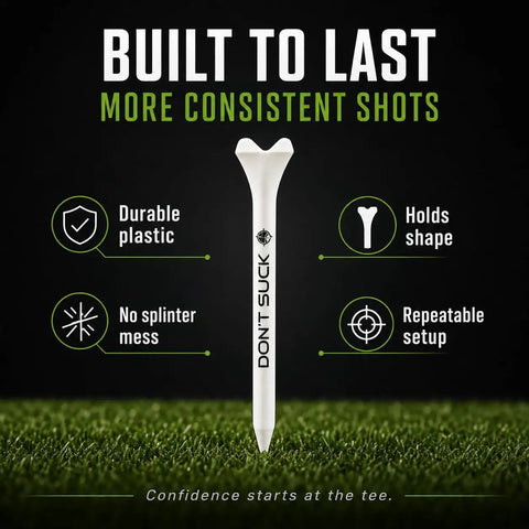 Dont Suck Golf Tees Pack Of 50 With Durable Four Prong Design And PureFlight Tech for straighter longer drives displayed with features.