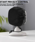 Indoor Webcam Privacy Cover With Drawstring For Blink Mini 2 TP Link Tapo C100 Roku WDR Wyze Cam OG Google 2025 Model WiFi 6 Ready Black 1 Pack protecting webcam lens on a white stand, side view.