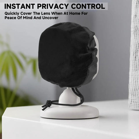 Indoor Webcam Privacy Cover With Drawstring For Blink Mini 2 TP Link Tapo C100 Roku WDR Wyze Cam OG Google 2025 Model WiFi 6 Ready Black 1 Pack protecting webcam lens on a white stand, side view.