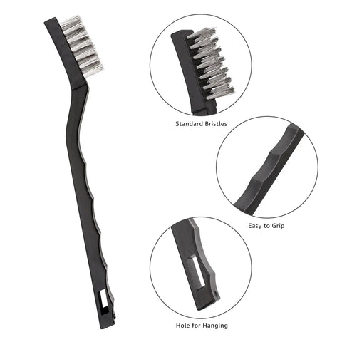 Image showing Stainless Steel And Copper Brass Mini Wire Brushes 12-Pack 7-Inch Black with close-up of bristles, grip, and hanging hole.