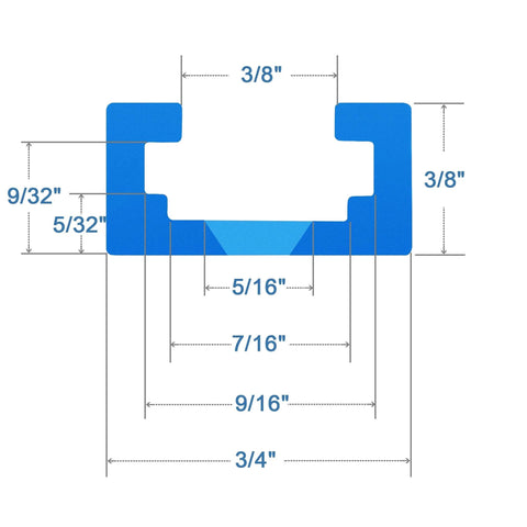 Diagram of 24 Inch Blue Anodized Aluminum T-Track dimensions, showing double cut profile with predrilled mounting holes.