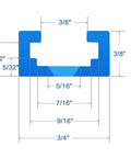 Cross-section diagram of Aluminum 24 Inch T Track with dimensions for clamps and woodworking; predrilled profile; frosted anodized finish.