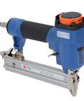 Real Deal 18 Gauge Pneumatic Brad Nailer For Serious Carpentry And Upholstery Jobs Air Powered Nailing Tool front view with orange dial and black grip.