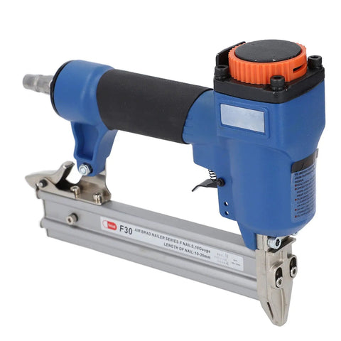 Pro Grade Pneumatic Brad Nailer 18 Gauge Air Powered Nail Gun Made For Woodworking Hustlers Job Site Tough Heavy Duty Workhorse, side view.