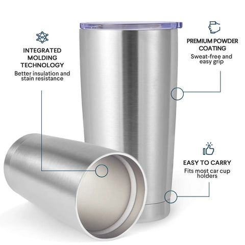 Top Shelf 20 Oz Stainless Steel Tumbler Bulk 12 Pack Double Wall Vacuum Insulated Travel Coffee Mug with Splash Proof Lid and Straw Fits Cup Holder Powder Coated Finish Keeps Your Sip Frosty While You Run Things Silver 12 Pack showing integrated molding technology and powder coating.