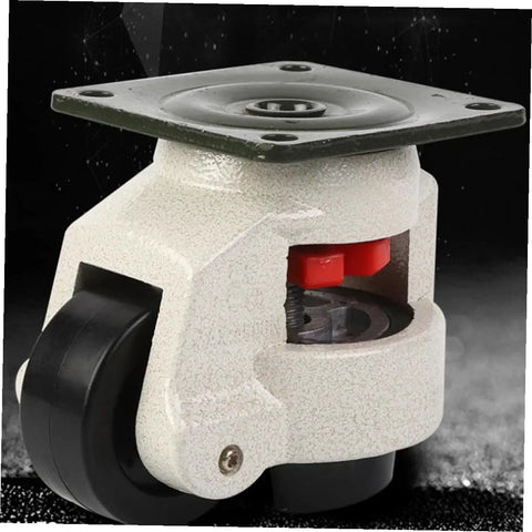 Heavy Duty Swivel Casters Four Pack Roll Smooth On Hardwood Floors Top Shelf Industrial Wheels For Workbenches Machinery With Adjustable Leveling Plates close-up of swivel caster with nylon wheel and steel stem.