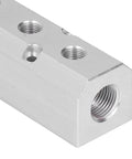 Close-up of Aluminum Pneumatic Manifold Block 40x40mm With G1/2 Inlet And G1/4 Outlet For Factory Automation And Auto Repair