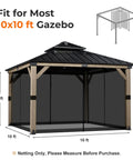 10x10 Gazebo Replacement Mesh Netting, Durable Polyester Screen With 4-Panel Sidewalls and Double Zippers, installed on wooden gazebo frame