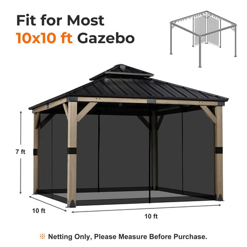 10x10 Gazebo Replacement Mesh Netting, Durable Polyester Screen With 4-Panel Sidewalls and Double Zippers, installed on wooden gazebo frame