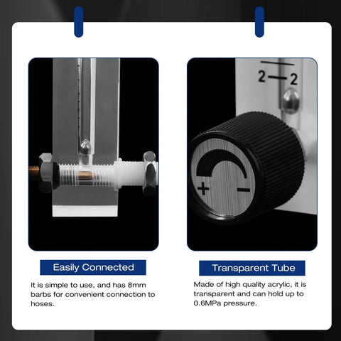 Flowmeter 2-20 LPM Acrylic Air Gas Flowmeter With Control Valve, 8mm barbs, transparent tube close-up, pressure rating 0.6 MPa