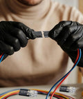 Gloved hands connecting wires with 50 Piece Double Wire Plug In Connector Kit Plug N Play With 1 Pin And 2 Pin Quick Disconnect Locking Buckles