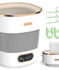 Game Changing Portable Washing Machine That Doubles As A Folding Mini Washer With Fast Spin Dryer And 20 Liters For Delicates Socks And Workout Gear Clean On The Go Without The Drama Featuring Blue Light Tech with white and gray design.