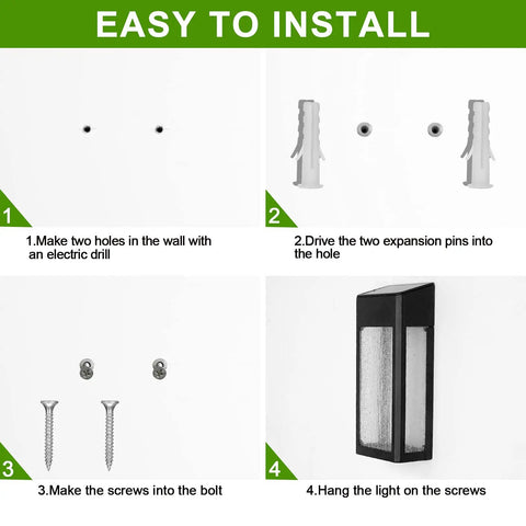 Easy installation steps for 4 Pack Solar Fence Lights Outdoor Waterproof Aluminum Frosted Glass Post And Wall Lamps.