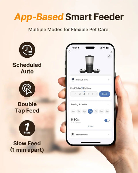App-based interface for Top Shelf Dual Camera Automatic Pet Feeder With Two Separated Bowls And Six Liter Hopper for independent cats and dogs.