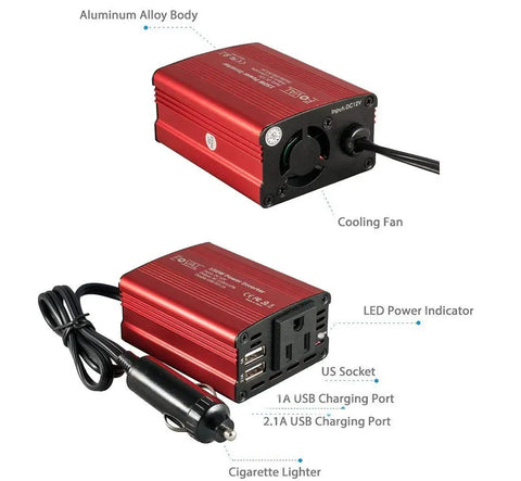 Premium 150W Car Power Inverter 12V DC To 110V AC Converter Cigarette Lighter Adapter With Dual Fast Charge USB Ports and cooling fan