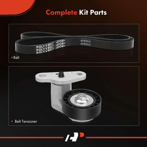 Engine Serpentine Drive Belt Kit With Tensioner For 1999 To 2008 GM Trucks And SUVs Including Silverado Suburban Sierra Tahoe Yukon Escalade Avalanche And More All In One Kit With Pulleys And Easy Install Hardware, showing belt and tensioner.