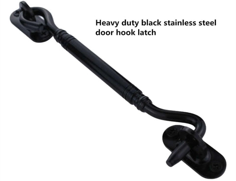Heavy Duty 6 Inch Black Door Latch And Gate Latch With Rustic Cabin Hook And Eye Privacy Lock for Barn Doors in black finish.