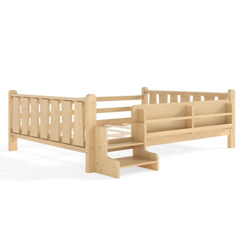 Toddler Floor Bed With Storage Bookcases And Easy Access Stairs Safe Guardrails All Around No Box Spring Needed Light Natural Finish