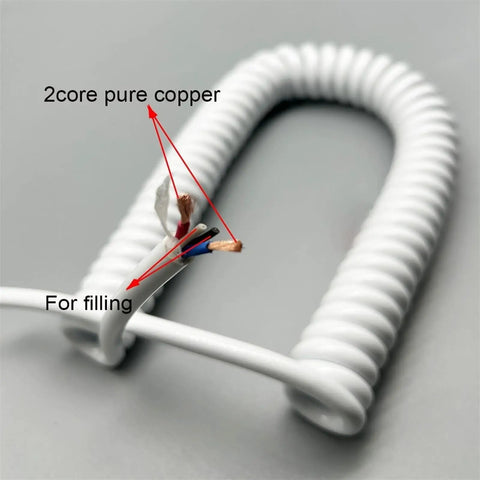Close-up of Heavy Duty Coiled Power Cord 15 AWG Pure Copper Spiral Spring Extension Cable showing 2 core copper wiring.