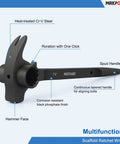 Heavy Duty Scaffold Ratchet Wrench With Double Ended Three Quarter And Seven Eighth Inch Sockets Spud Podger Spanner Claw Pry Bar And Hammer Face shown with features labeled
