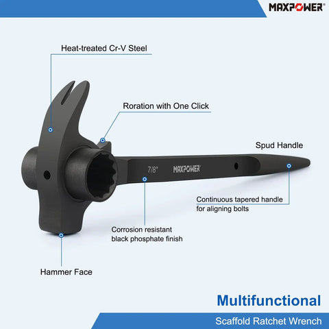 Heavy Duty Scaffold Ratchet Wrench With Double Ended Three Quarter And Seven Eighth Inch Sockets Spud Podger Spanner Claw Pry Bar And Hammer Face shown with features labeled