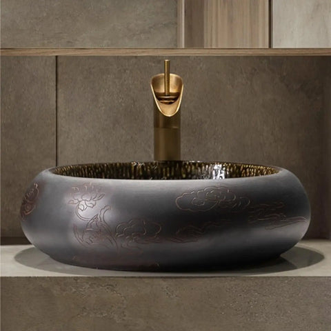 USZWBY Modern Round Vessel Vanity Sink Above Counter Basin Ceramic Wash Countertop Bathroom Art Balcony Simple with decorative pattern