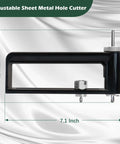 Front view: adjustable sheet metal hole cutter with two drill bits; black frame, 7.1in wide, 4.3in high.