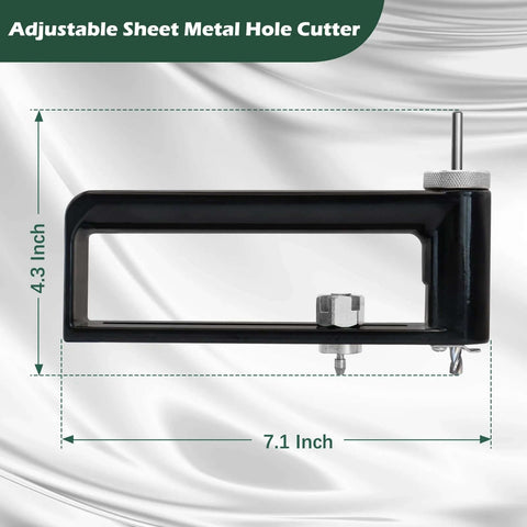 Front view: adjustable sheet metal hole cutter with two drill bits; black frame, 7.1in wide, 4.3in high.