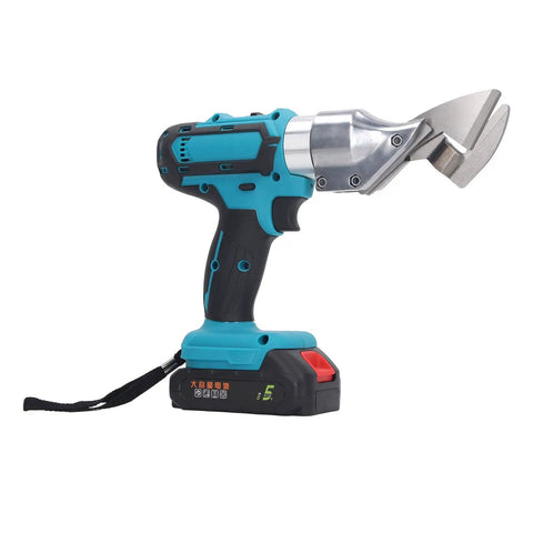 Fafeicy 21V Cordless Electric Metal Shears With Led Light And Variable Speed in blue and black, ideal for cutting metal sheets.