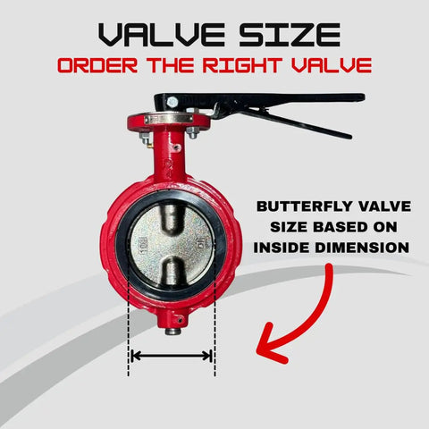 12 Inch Wafer Butterfly Valve Built Tough With Ductile Iron Body 200 PSI Rating Square Stem 1 1/8 Inch Red Buna Seats Face To Face ISO 5752 Mounting Pad ISO 5211 ANSI 150 Flange Nickel Plated Disc 12 Bolt Holes red wafer butterfly valve front view with size arrows