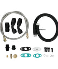 Turbo Oil Drain Line Kit For T3 T4 T04E T60 T61 T70 Turbos Stainless Steel Braided Oil Line with Gaskets and Screws Flat Lay View