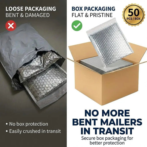 Comparison of loose and box packaging for Fifty Pack 6x8 Inch Thermal Insulated Bubble Mailers For Cold Shipping with metallic silver foil.