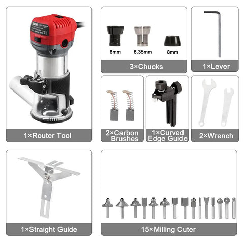 Smooth Operator Corded Wood Router With Variable Speed And 15 Pc Bit Set For Effortless Edge Work includes 3 chucks and attachments.