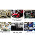 Collage of industries: home decor, car modification, window manufacturing, electronics, sheet metal, and machinery production.