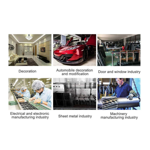 Collage of industries: home decor, car modification, window manufacturing, electronics, sheet metal, and machinery production.