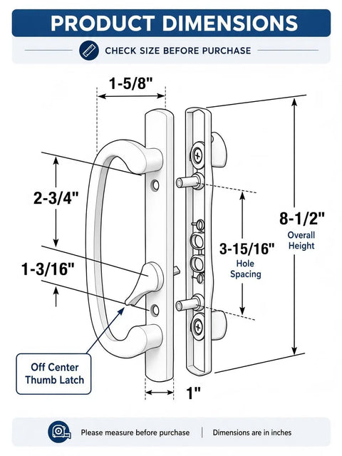Product dimensions of Spruce Up Your Patio Entry With Snazzy Zinc Diecast Sliding Door Handles, showing measurements for installation.