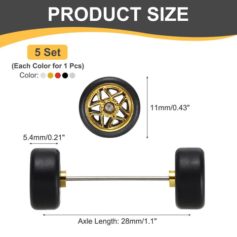 Five Pack One Sixty Fourth Scale Wheels And Tires Set With Real Riders Rims And Axles For RC Diecast Car DIY Projects close-up