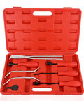 Open red case showing Eight Piece Pro Grade Drum Brake Tool Kit With Spring Installer Remover Compressor Retainer Pliers And Adjustment Spoons