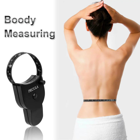 Person using 60 Inch Body Measuring Tape With Lock Pin And Push Button Retract, Dual Inch And Centimeter Tape Measure for waist